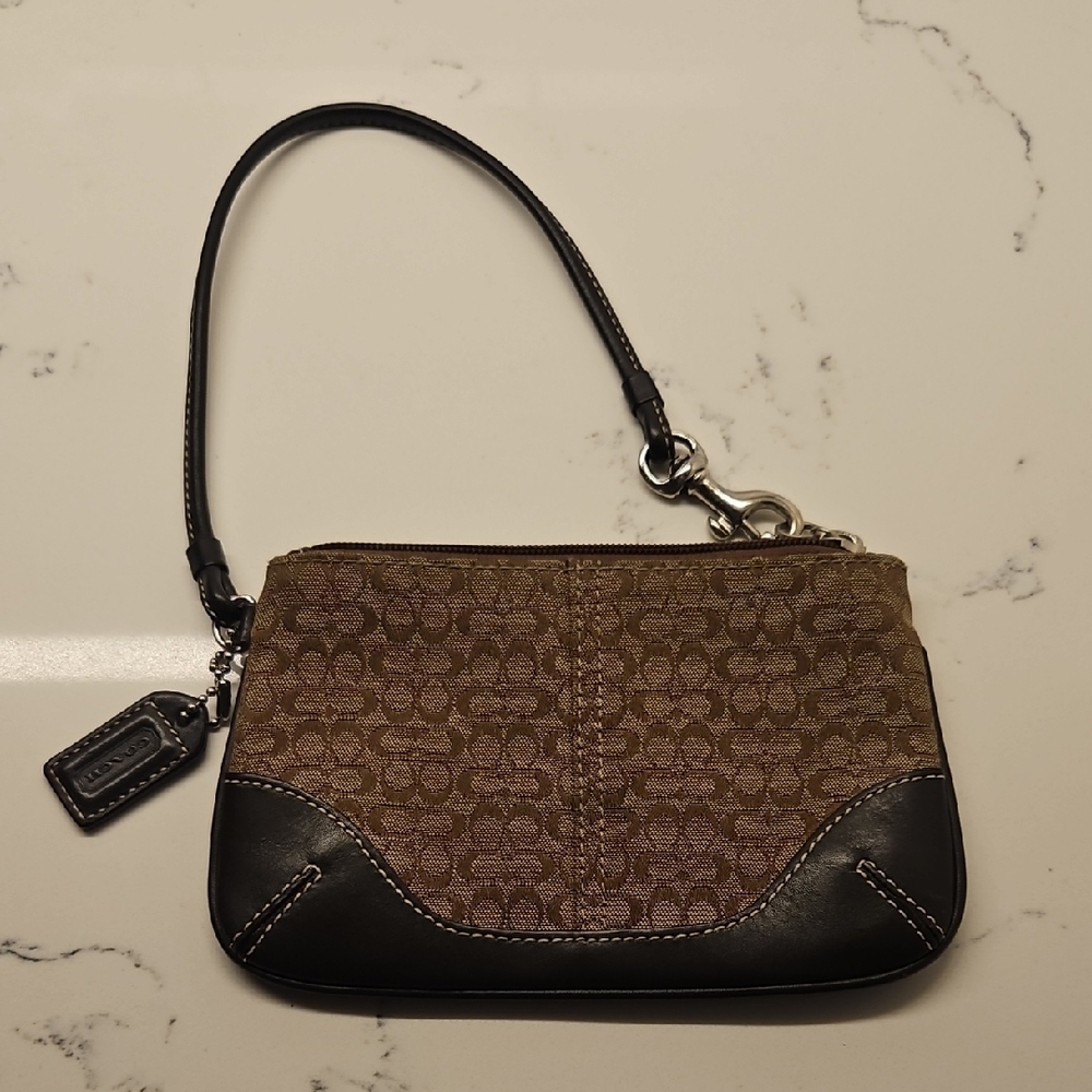 Coach Brown Signature Canvas Wristlet with Black Leather Trim